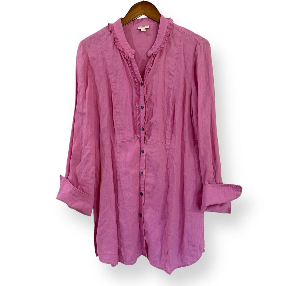 J. Jill Pink 100% Linen Ruffled Button Up Tunic M Long Sleeve Coastal Lagenlook